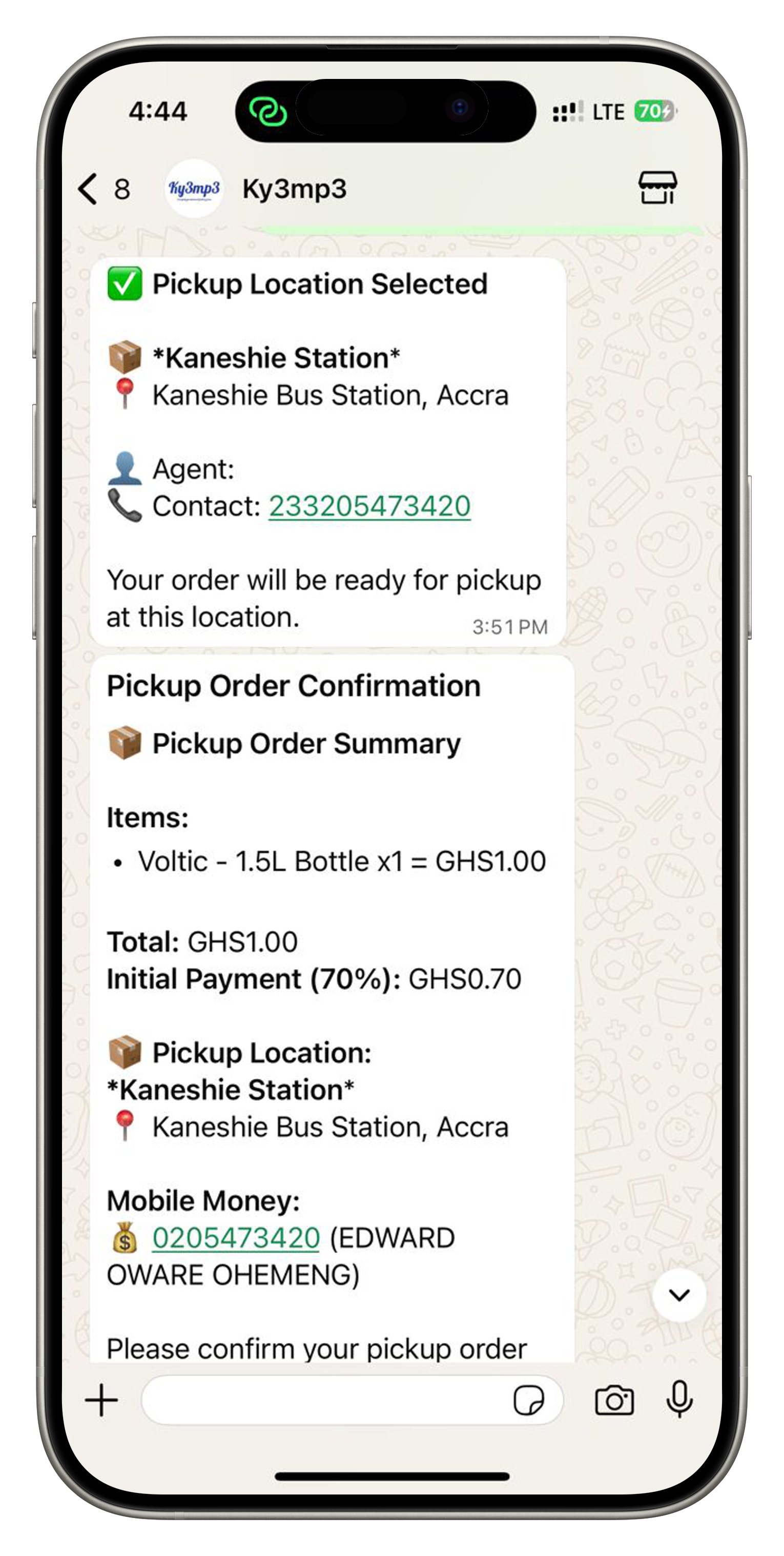 WhatsApp chat showing order confirmation
