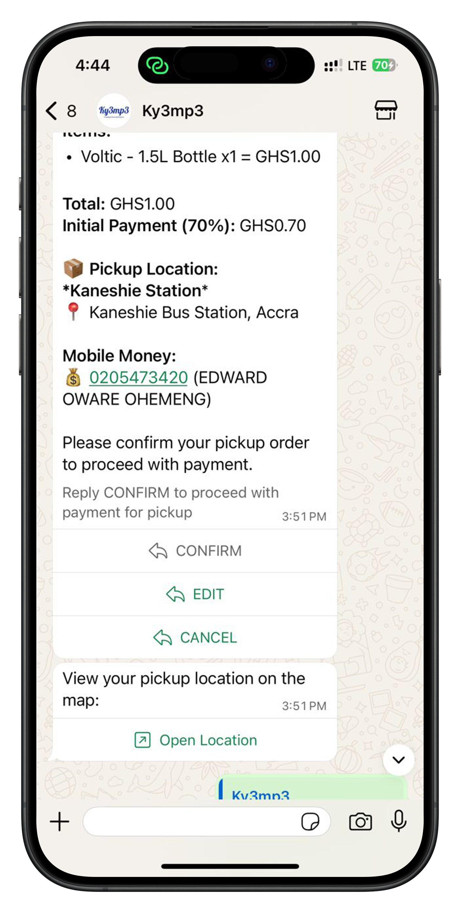 WhatsApp chat interface showing initial greeting